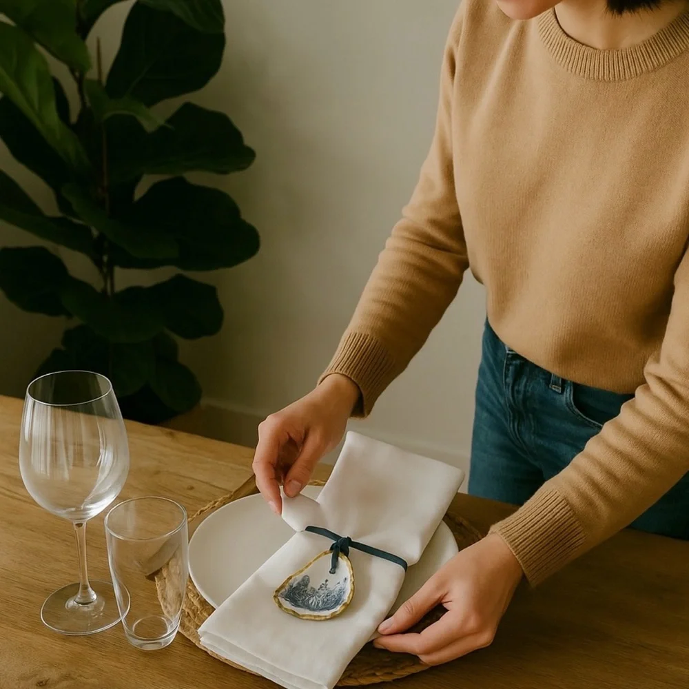 Set of 6 Handcrafted Blue Toile Oyster Shell Napkin Ring Holders - Picture 9 of 10